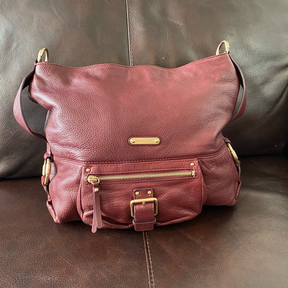 Michael Kors Maroon Leather Belted Hobo Large Shoulder Bag